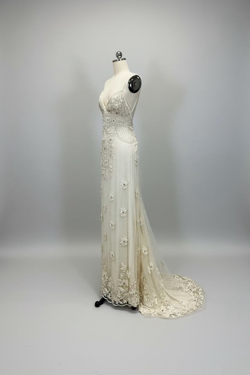 ED2001 Ivory Beaded Floral Spaghetti Strap Evening Gown - Sample Sale AUD $699