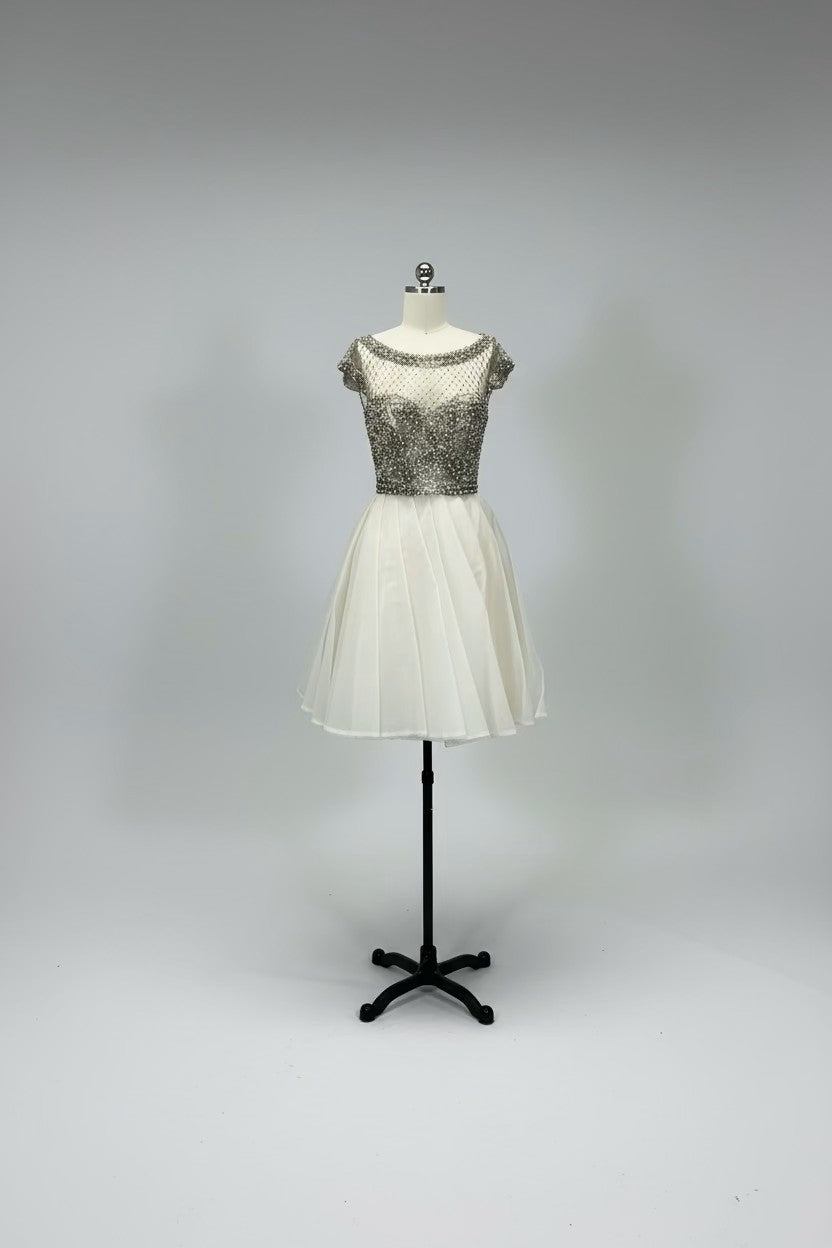 ED2002 Ivory Silver Beaded Short Cocktail Dress — Sample Sale AUD $349