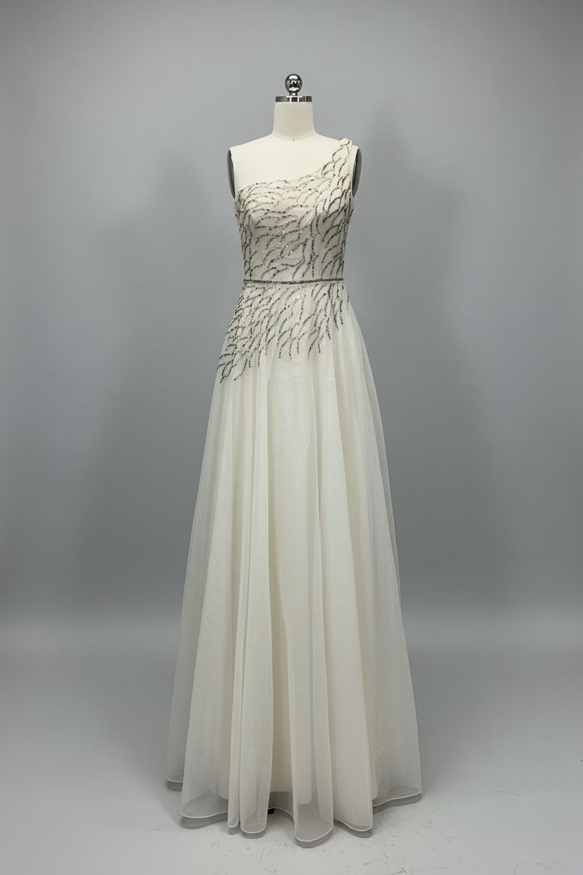 ED2003 Ivory One Shoulder Beaded Chiffon Evening Gown - Sample Sale AUD $599