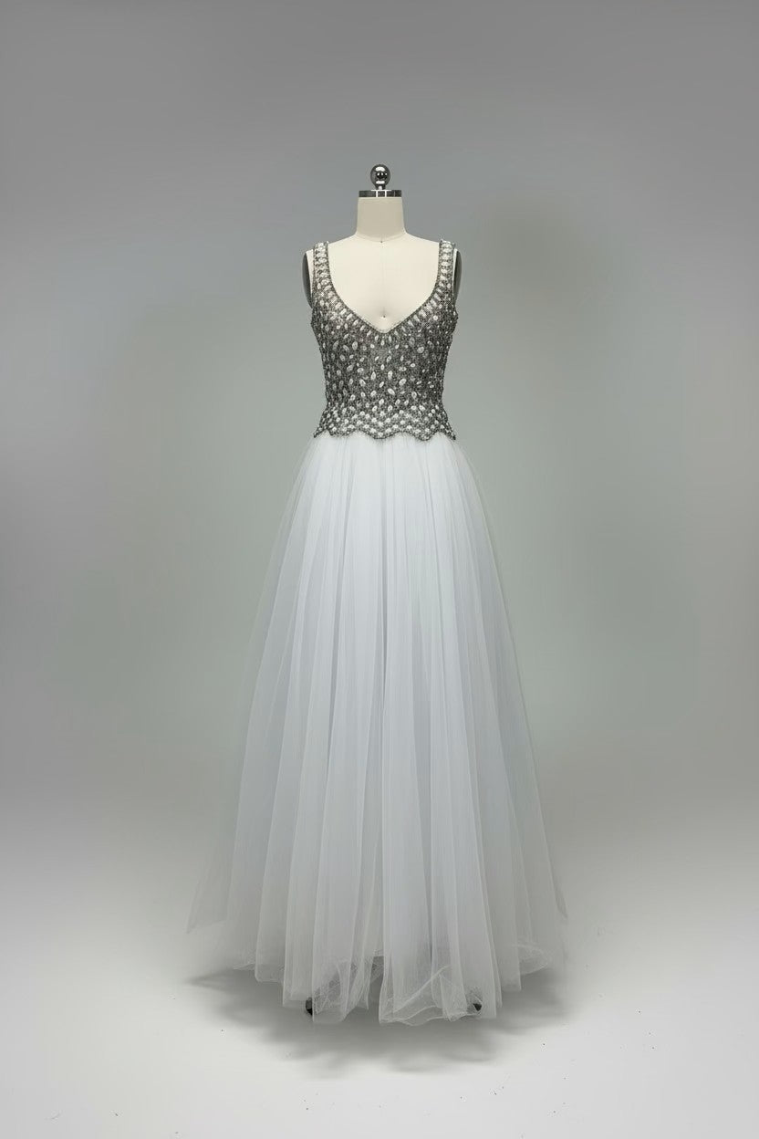 ED2006 Ivory Beaded V-Neck Tulle Ball Gown - Sample Sale AUD $749
