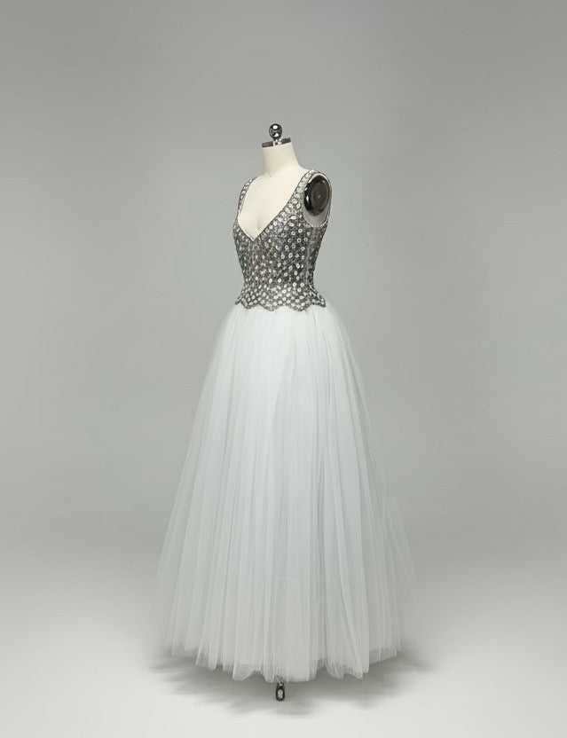 ED2006 Ivory Beaded V-Neck Tulle Ball Gown - Sample Sale AUD $749
