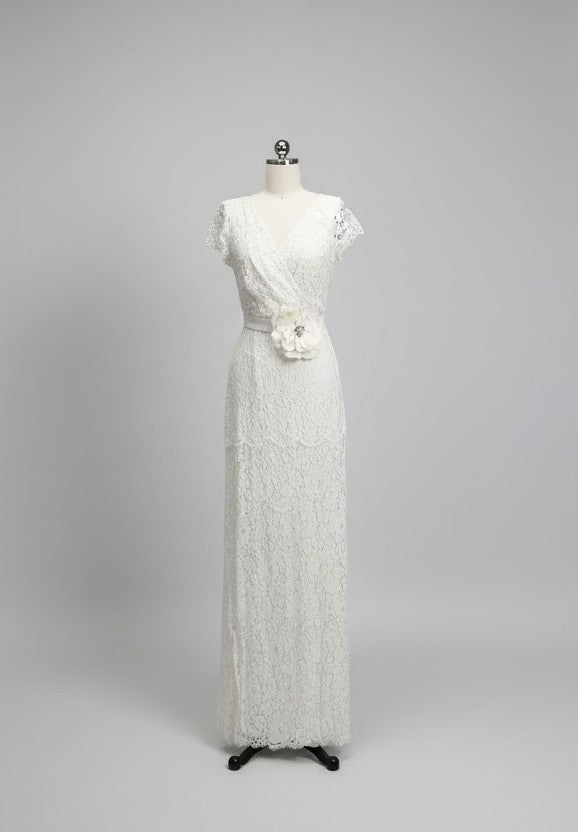 ED2010 V-Neck Lace Column Wedding Gown with Floral Accent - Sample Sale AUD $449