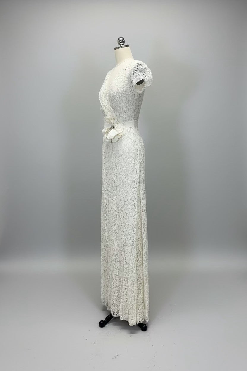 ED2010 V-Neck Lace Column Wedding Gown with Floral Accent - Sample Sale AUD $449