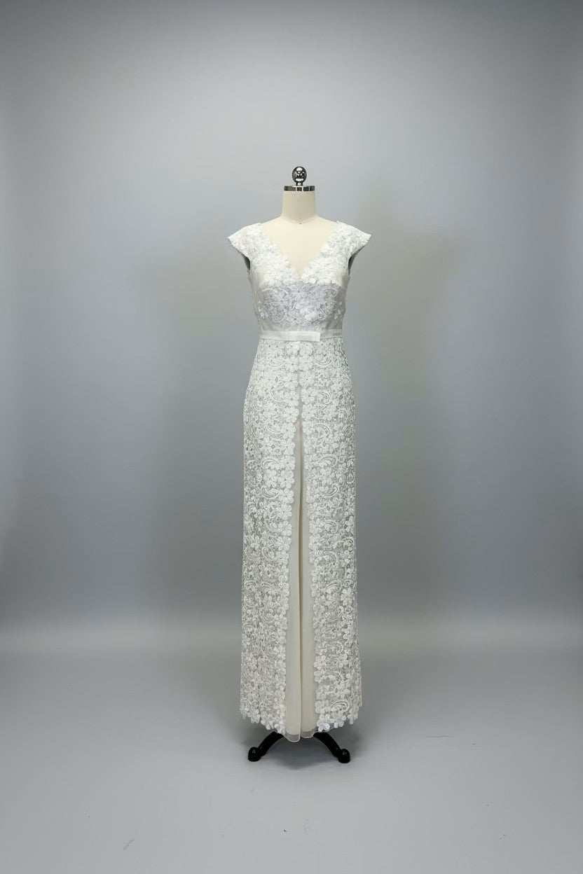 ED2012 V-Neck Cap Sleeve Floral Lace Column Wedding Gown - Sample Sale AUD $399