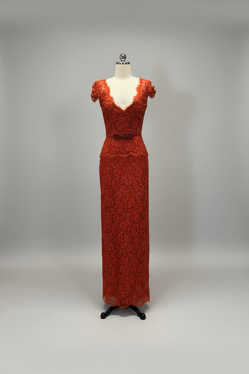 ED2015 Romantic Red Lace V-Neck Sheath Evening Gown - Sample Sale AUD $449