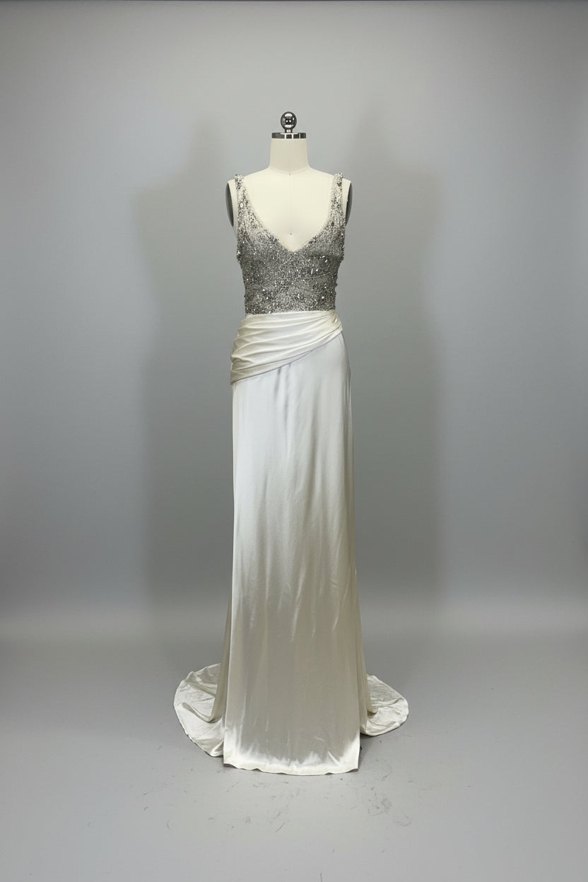ED2018 V-Neck Beaded Satin Evening Gown with Ruched Waist - Sample Sale AUD $599