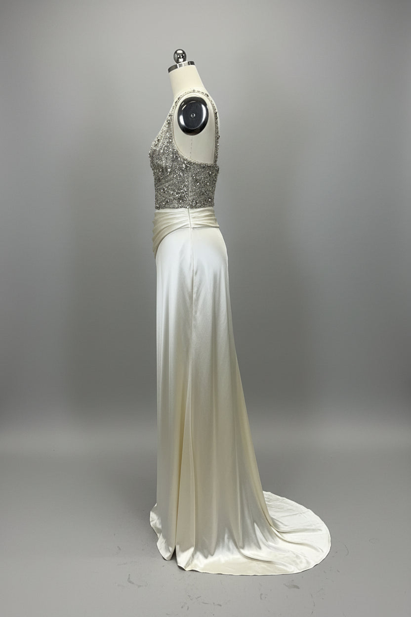 ED2018 V-Neck Beaded Satin Evening Gown with Ruched Waist - Sample Sale AUD $599